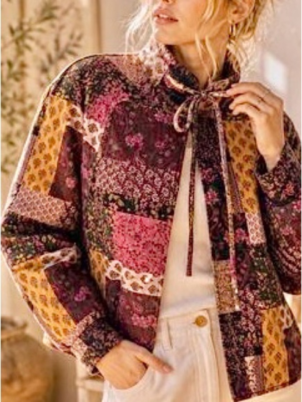 Patchwork Tie-Neck Jacket